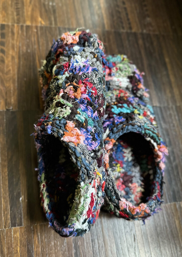 Colourful home slippers, upcycled from old torn socks.