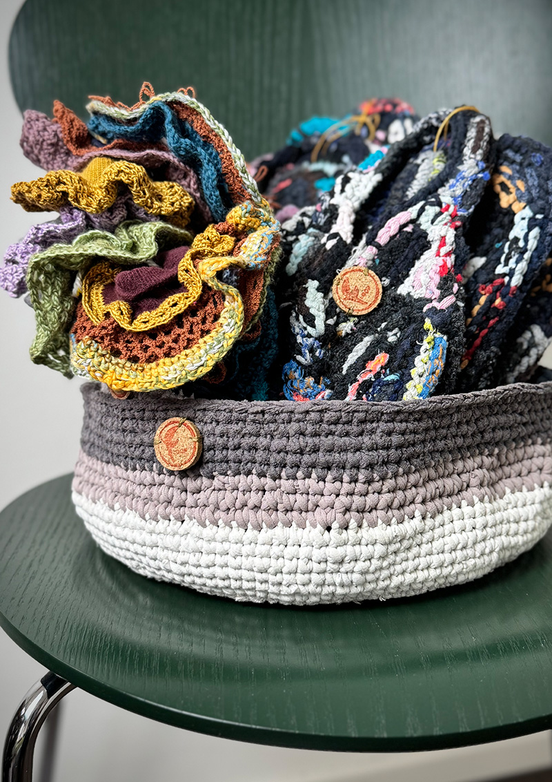 Hand crocheted storage basket, home slippers and scrunchies- upcycled from old T-Shirts, socks and yarn leftovers.