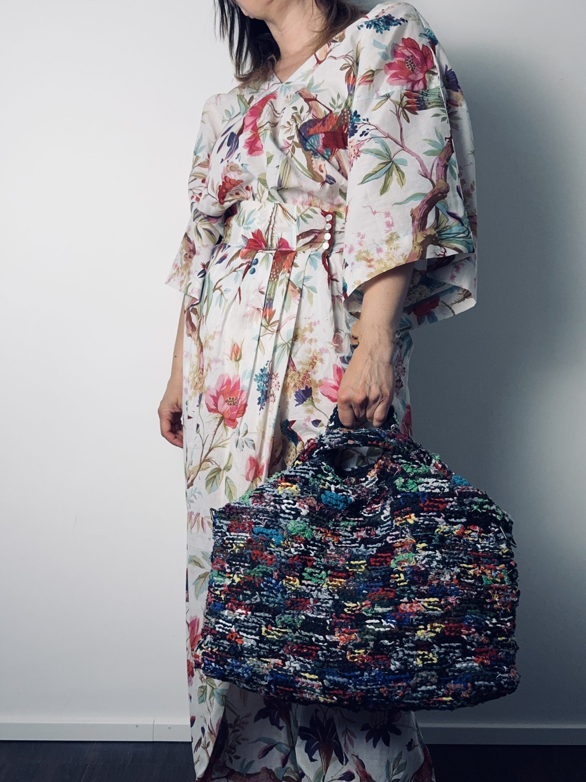 Clothes from Curtains. Kimono top and wide leg skirt pants from curtains and sock-yarn loop bag.