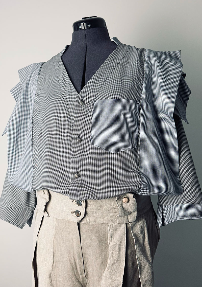 Same upcycling logic when upcycling men's shirts, in dark blue and black Front view.