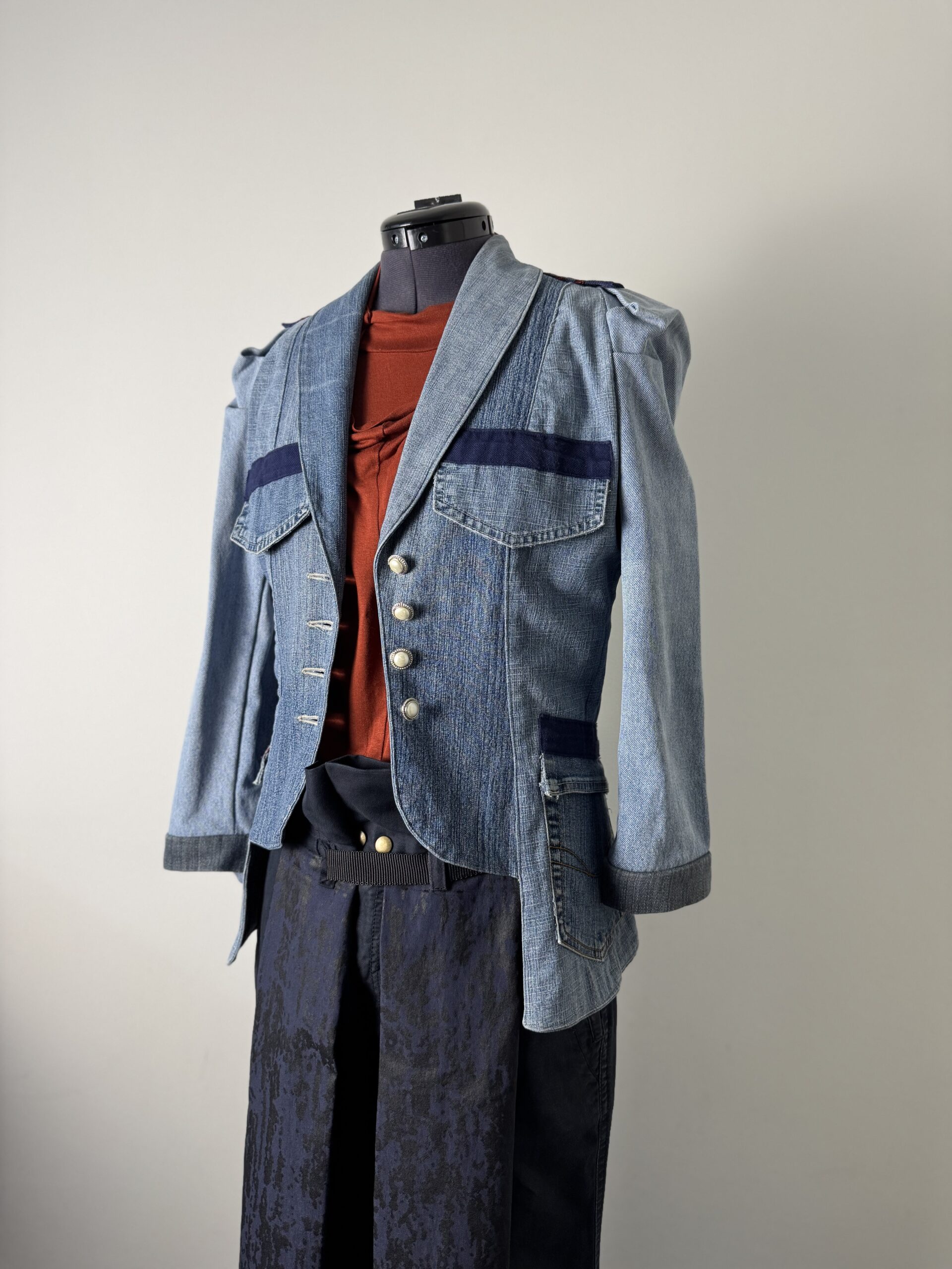 Four Blues Jacket - old, first upcycled piece, romantic military look. Front- left.