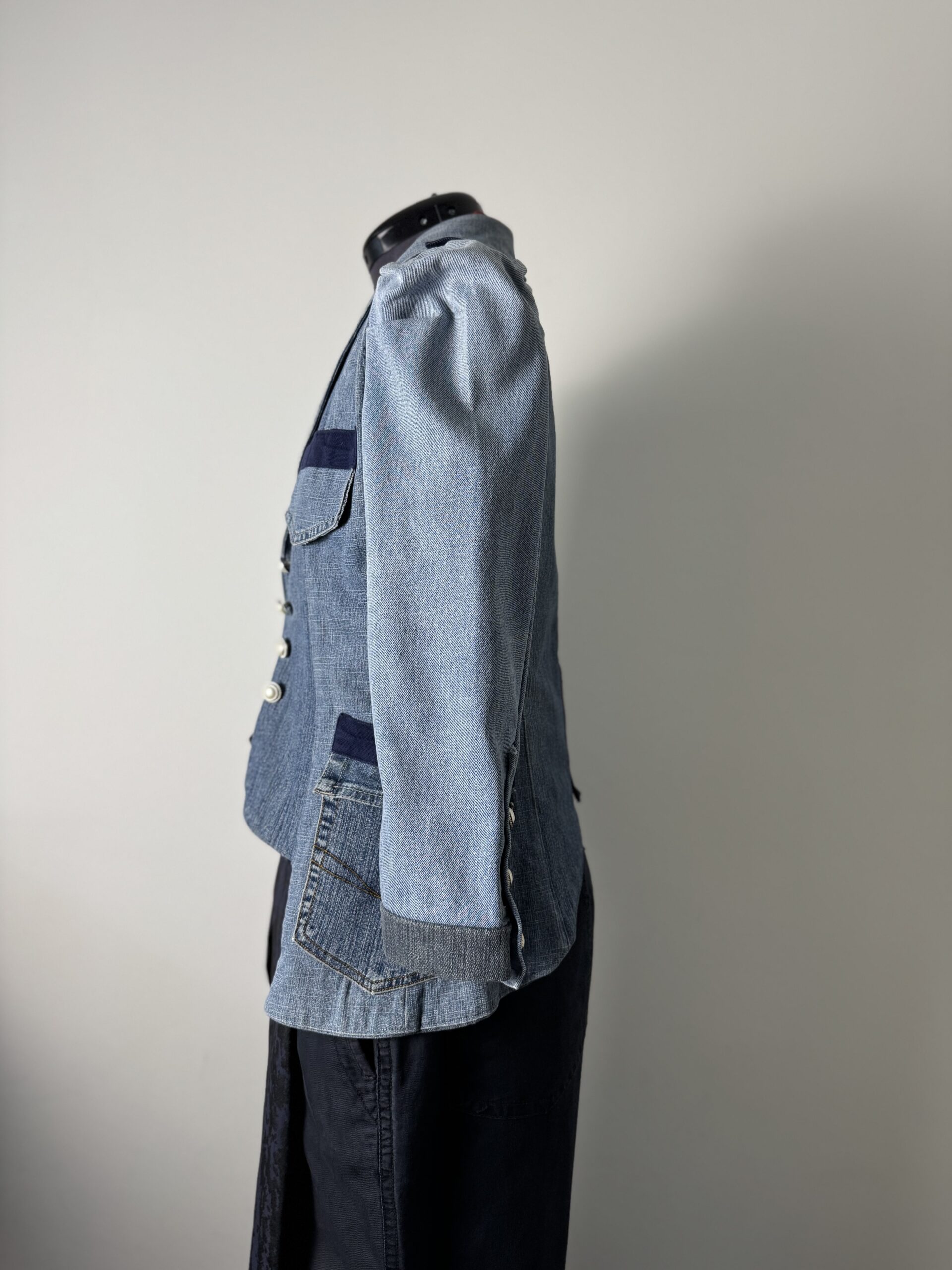 Four Blues Jacket - old, first upcycled piece, romantic military look. Side- left.