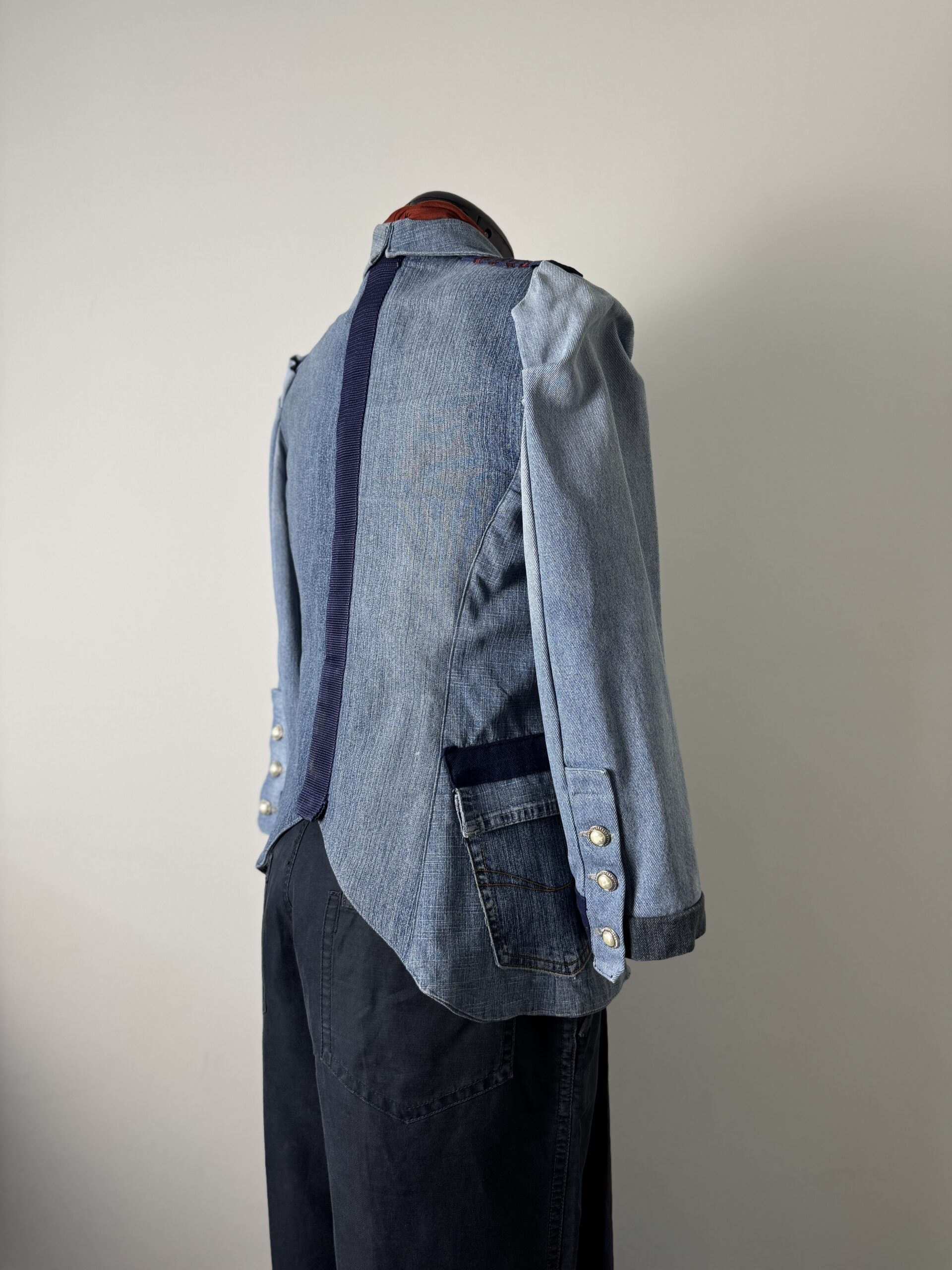 Four Blues Jacket - old, first upcycled piece, romantic military look. Back- right.